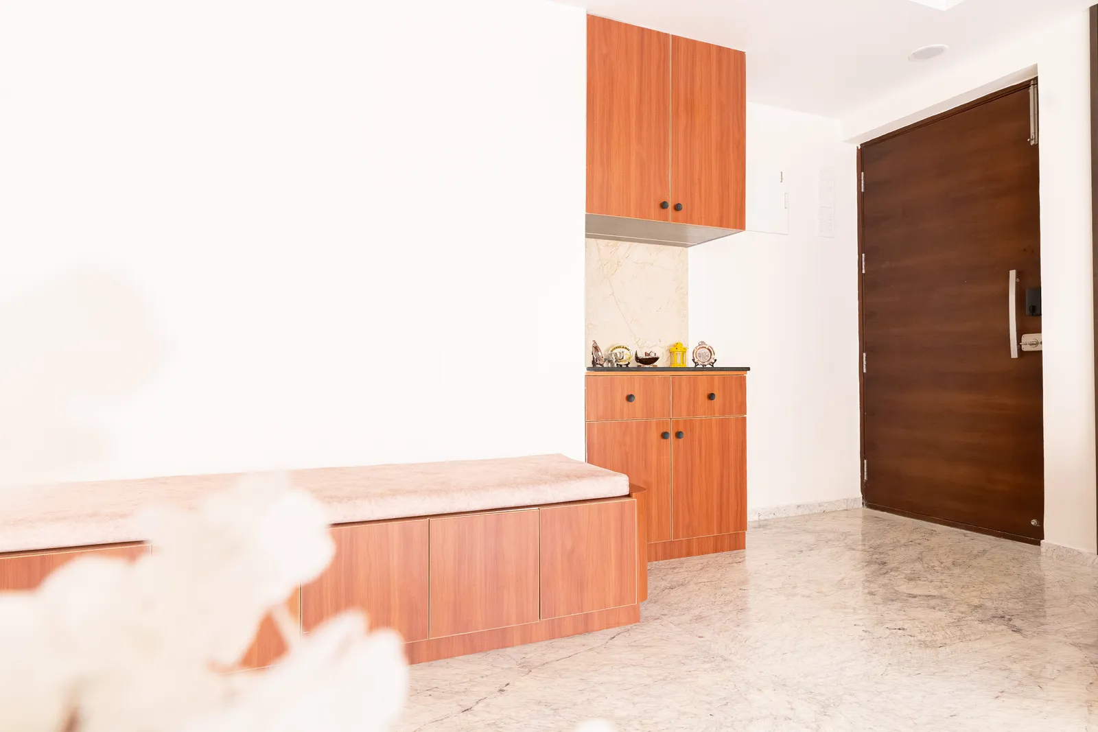 Entrance with teak-finish storage bench and cabinets — Karthik's Residence